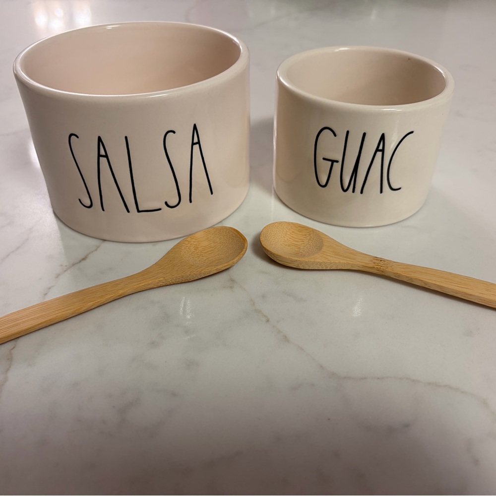 Rae Dunn Cream Salsa and Guac Bowl Set with Wooden Spoons
